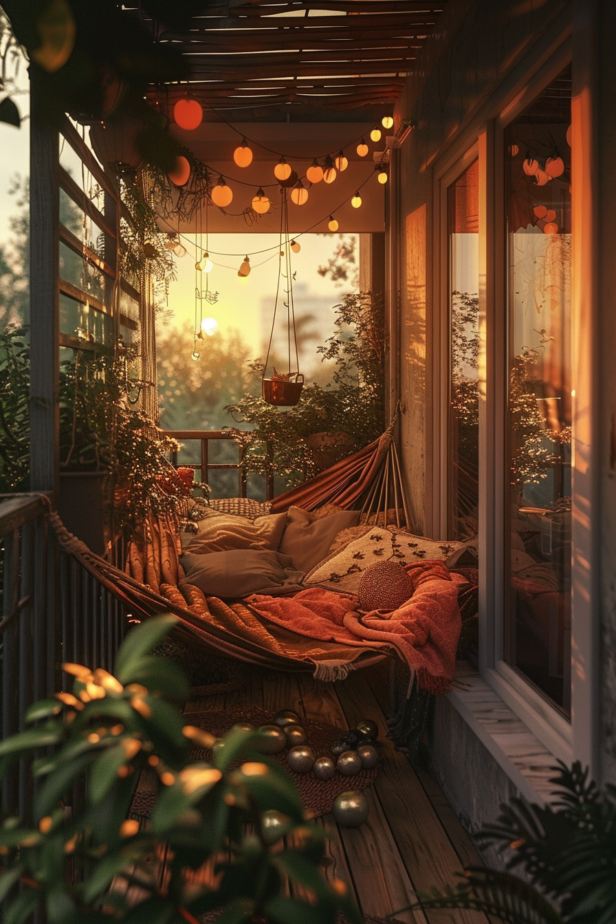 Cozy balcony with a hammock, blankets, and string lights at sunset, creating a warm, inviting atmosphere.