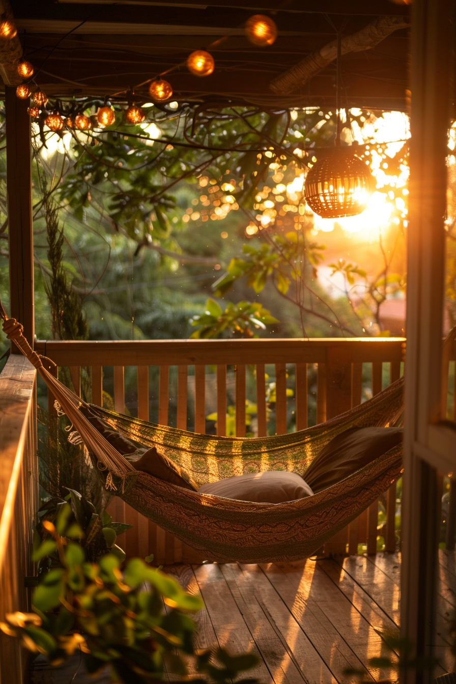 A serene porch with a hammock at sunset, adorned with string lights and a gentle glow filtering through the trees.
