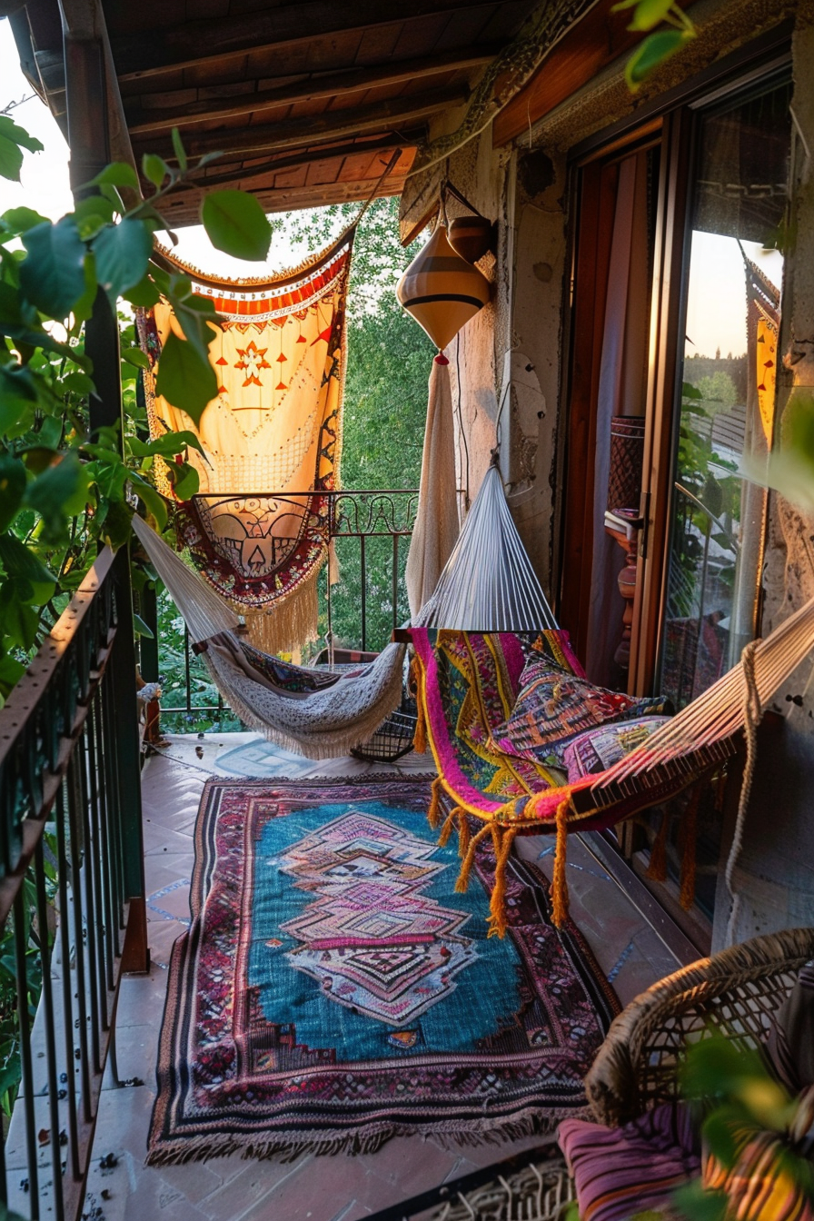 A cozy balcony with colorful hammocks, patterned rug, and wall tapestry, surrounded by greenery and a warm sunset glow.