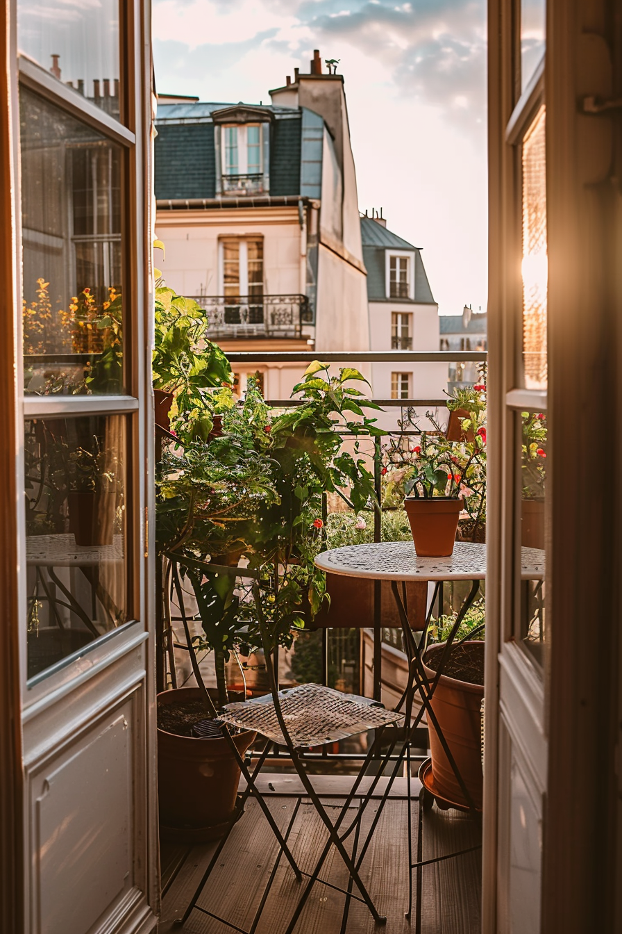 A cozy balcony with plants, a small table, and chairs, bathed in the warm glow of sunset, overlooking Parisian rooftops.