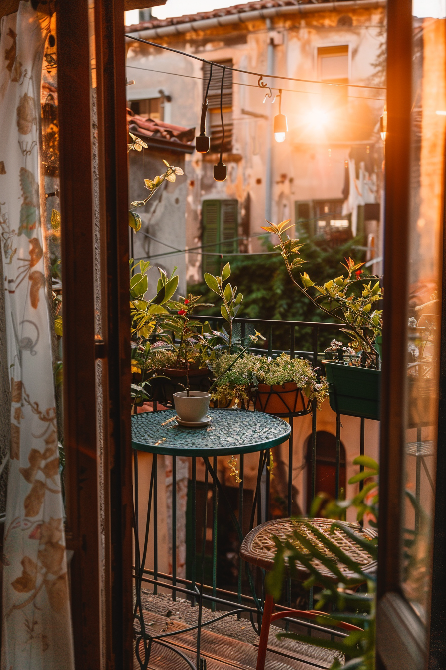 Cozy balcony with plants, a cup on a table, overlooking historic buildings at sunset.