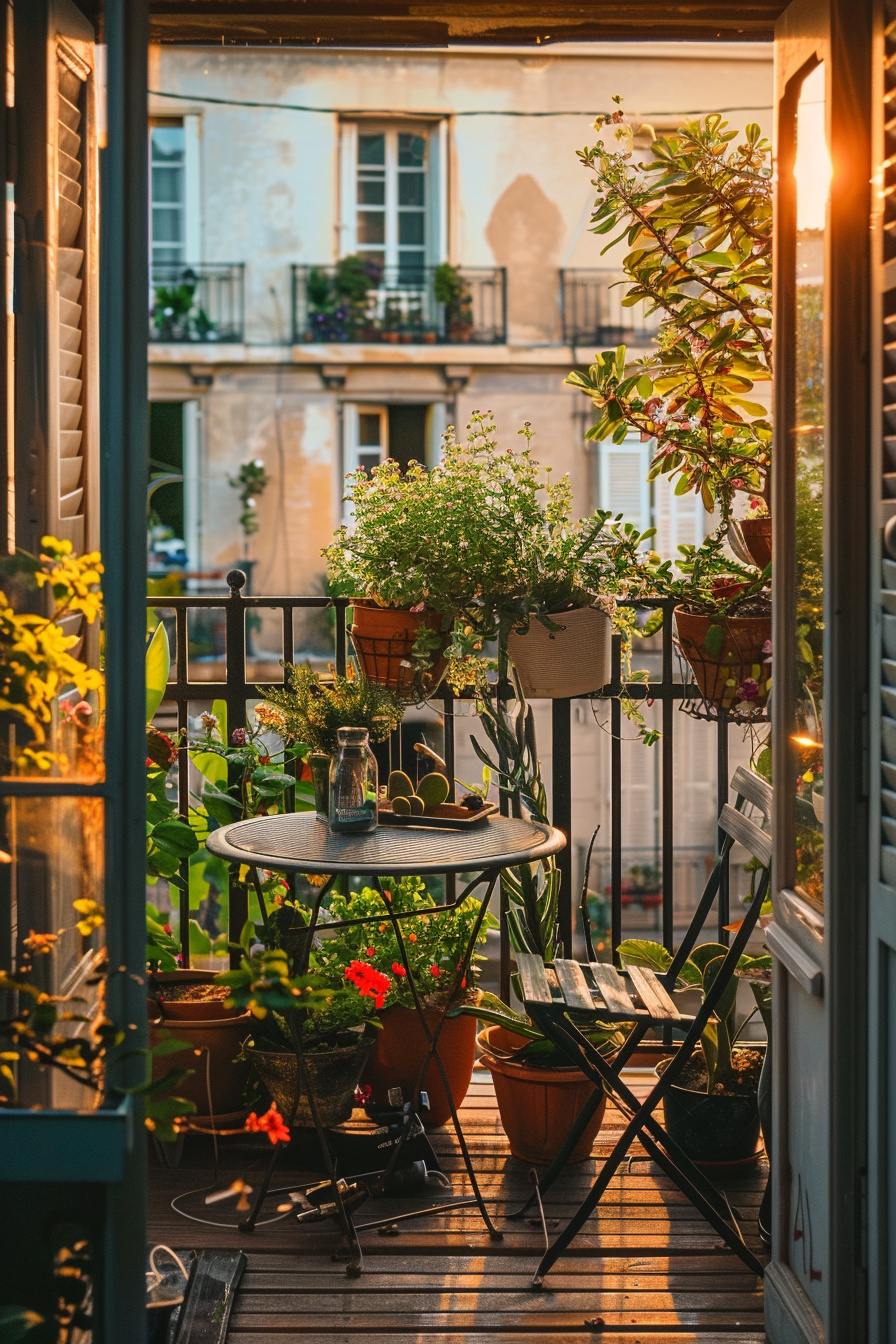 Cozy balcony with plants, a table, and chairs, overlooking neighboring building facades at sunset.