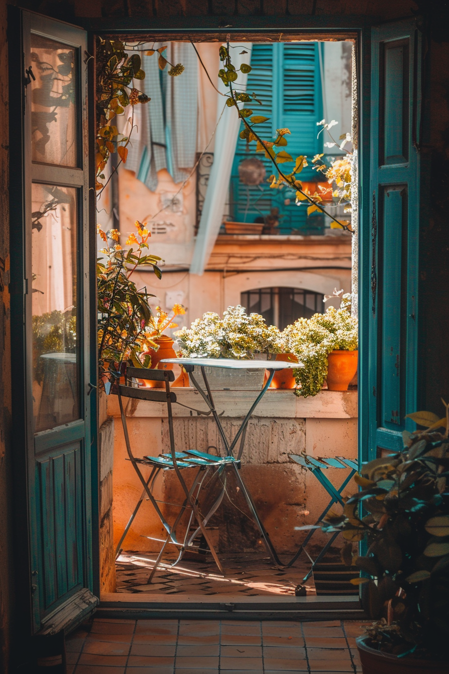 A cozy balcony with a bistro table and chairs, surrounded by potted plants and overlooking a sunny street with colorful shutters.
