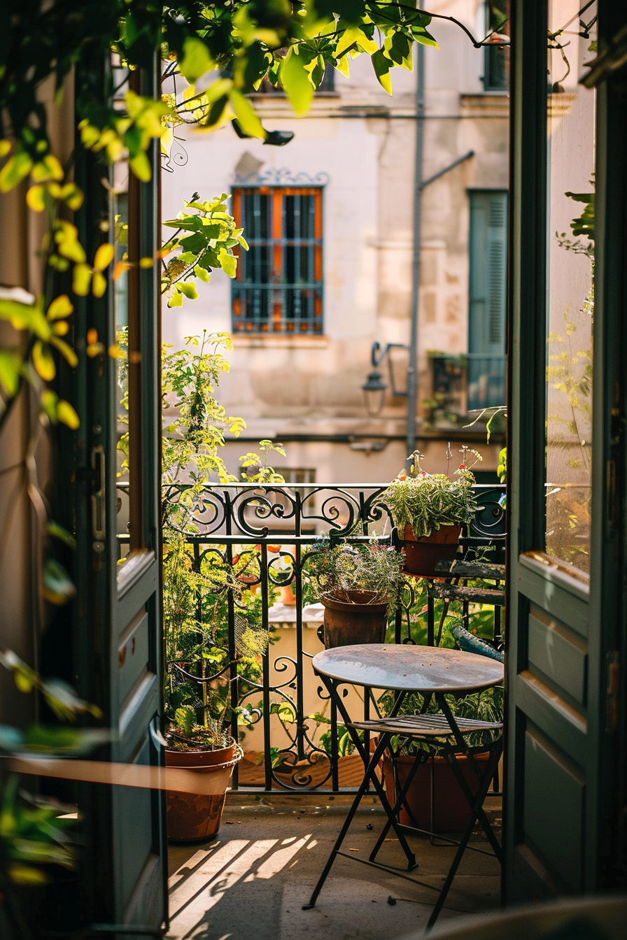 Sunny balcony view with green plants, a small table, and chairs, overlooking classical European architecture.