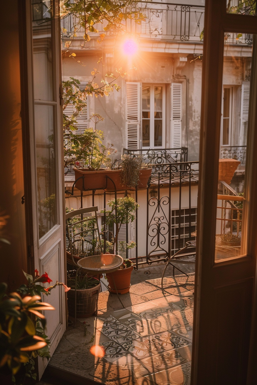 View from an open door onto a quaint balcony with plants and a small table, bathed in warm sunlight, overlooking European-style buildings.