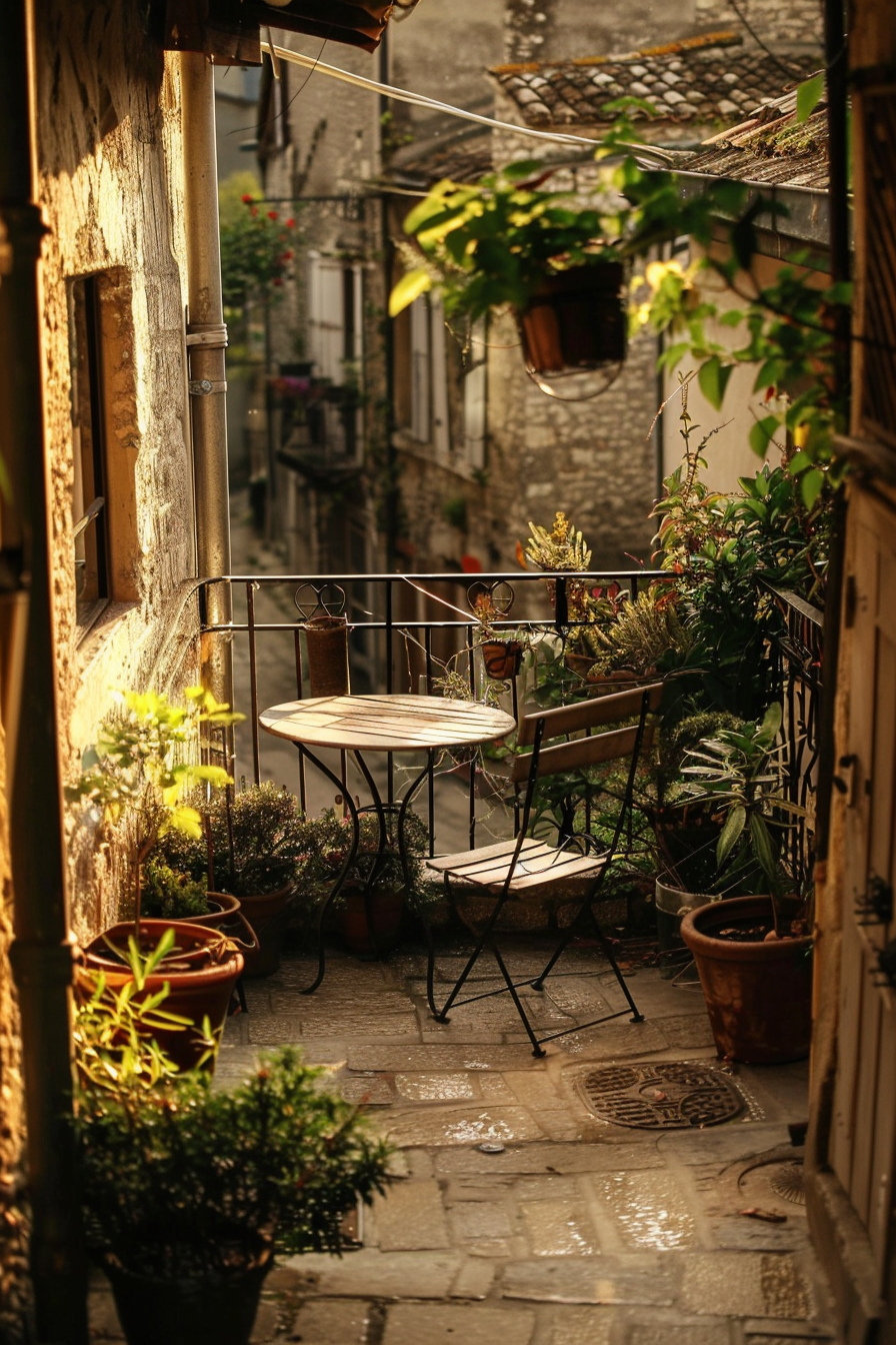ALT: A quaint balcony with a round table and chairs, surrounded by potted plants, overlooking a narrow cobblestone street bathed in warm sunlight.