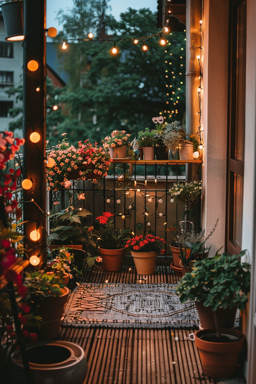 Cozy balcony decorated with multiple potted plants and twinkling lights creating a warm, inviting atmosphere during dusk.