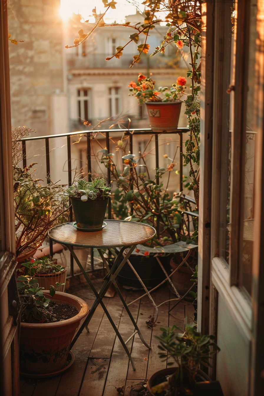Cozy balcony with plants in pots at sunset, featuring a small table and warm sunlight filtering through greenery.