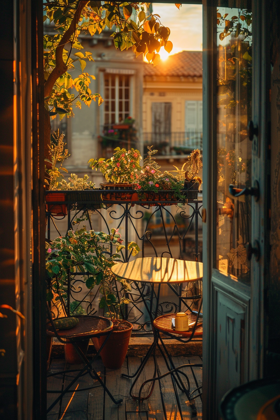 A cozy balcony with potted plants and a small table, bathed in warm sunset light, overlooking traditional European architecture.