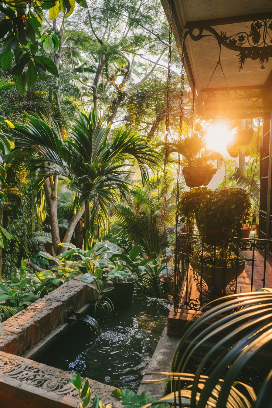 Sunset seen through lush greenhouse with various plants and a small fountain, casting a warm glow over the foliage.