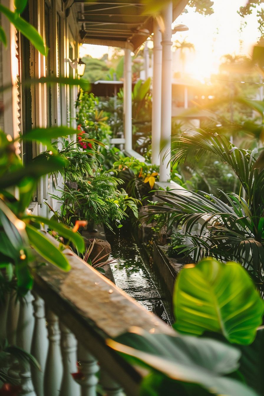 Sunset light filters through lush greenery on a peaceful porch with a water feature, creating a warm, tranquil atmosphere.