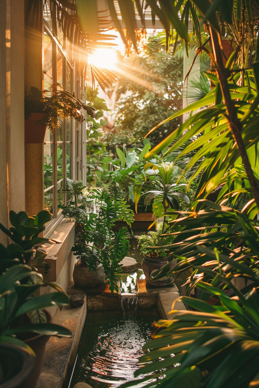 Sunlight filters through tropical plants by a small water feature next to a building, evoking a serene and lush atmosphere.
