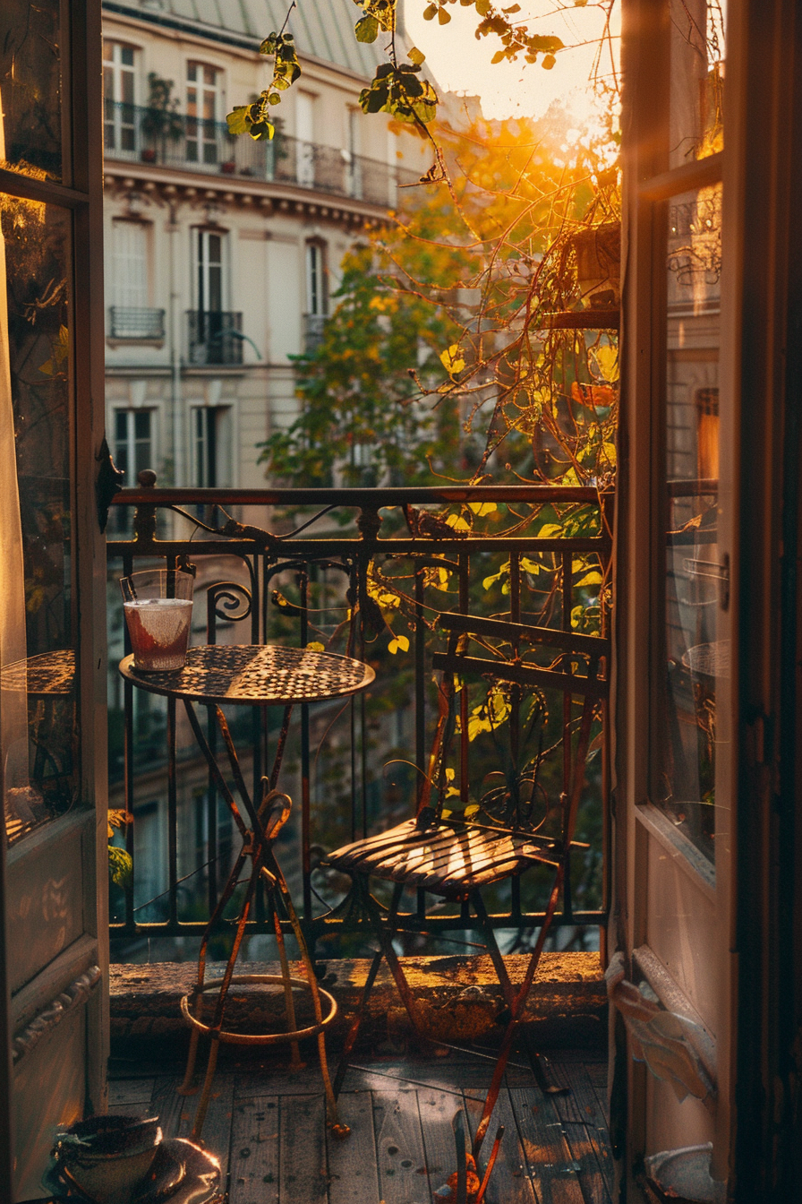 Cozy balcony with a metal table and chair, a beverage, overlooking European-style buildings at sunset.