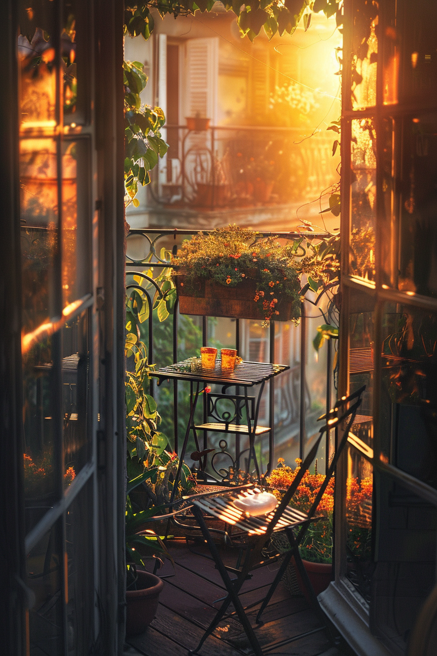 Cozy balcony with plants and candles during a golden hour sunset, featuring a small table and chairs.