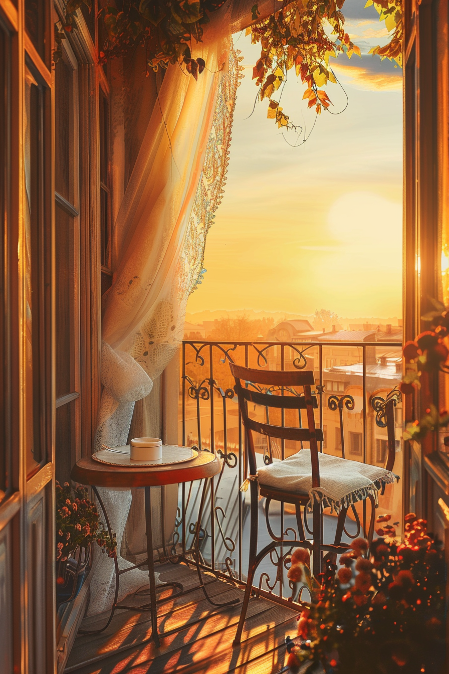 Cozy balcony with a bistro table, chair, and a cup, overlooking a sunset cityscape, framed by curtains and ivy.