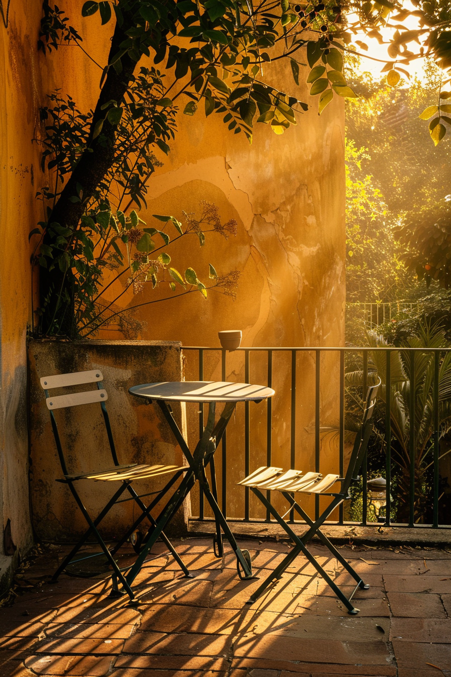 Cozy balcony with a bistro table and chairs, warm sunlight filtering through leaves, against a weathered orange wall.