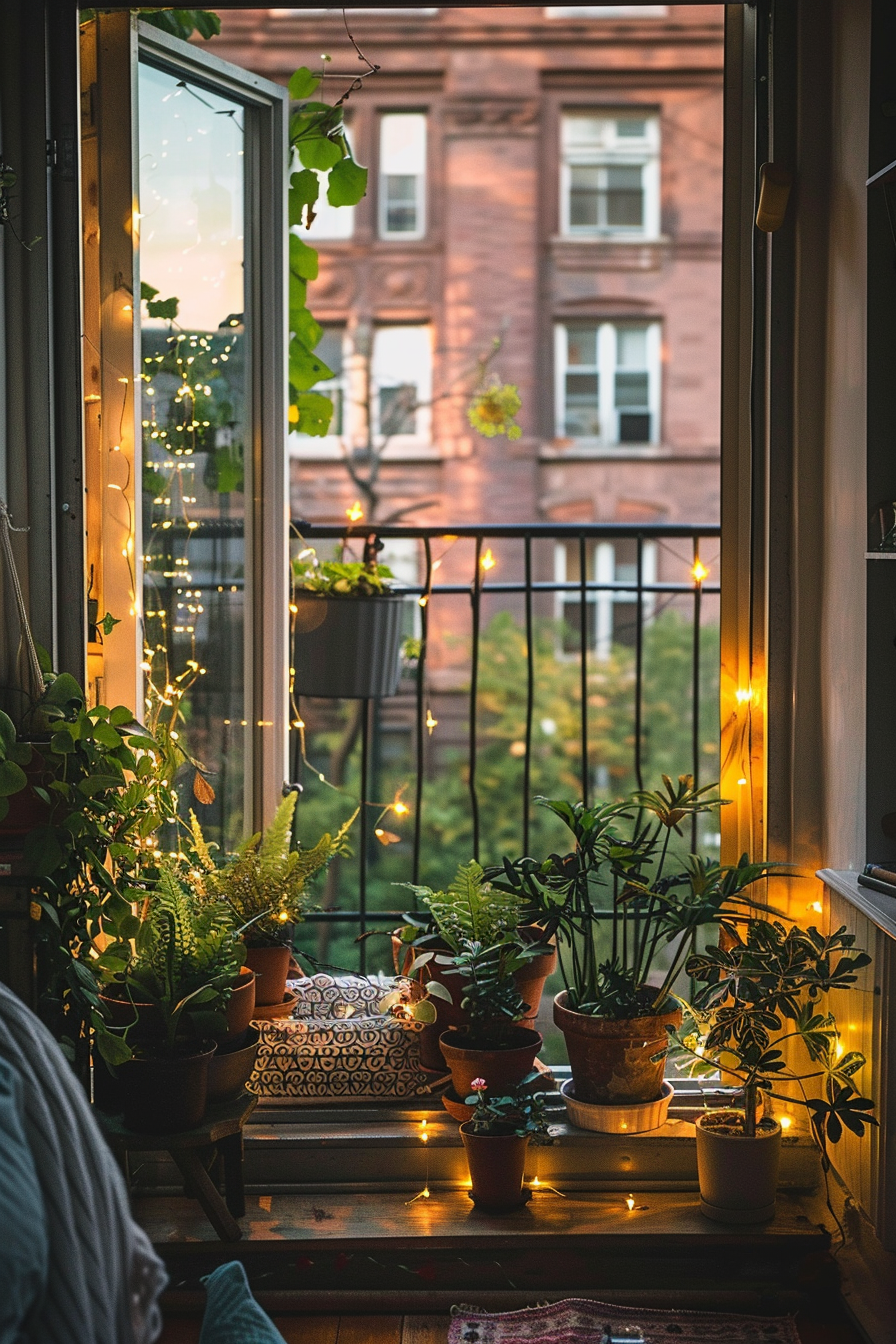 Cozy balcony with string lights and an assortment of plants overlooking a city building at dusk.