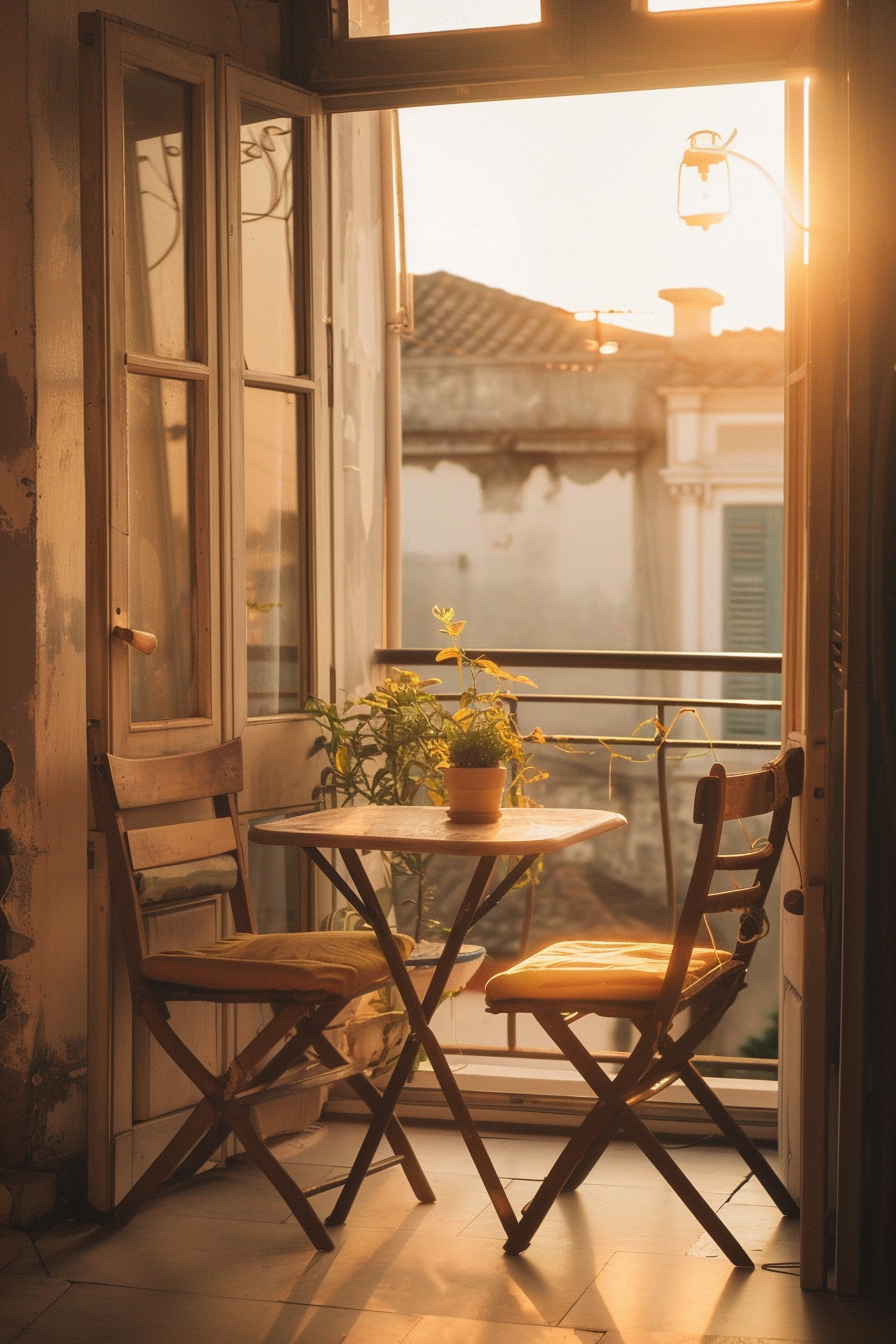 Cozy balcony with a small table, two folding chairs, and potted plant, bathed in warm golden sunlight.
