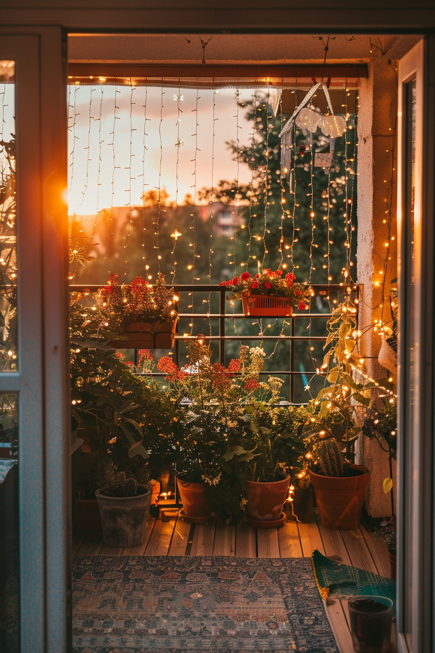 Cozy balcony with potted plants and fairy lights at sunset.