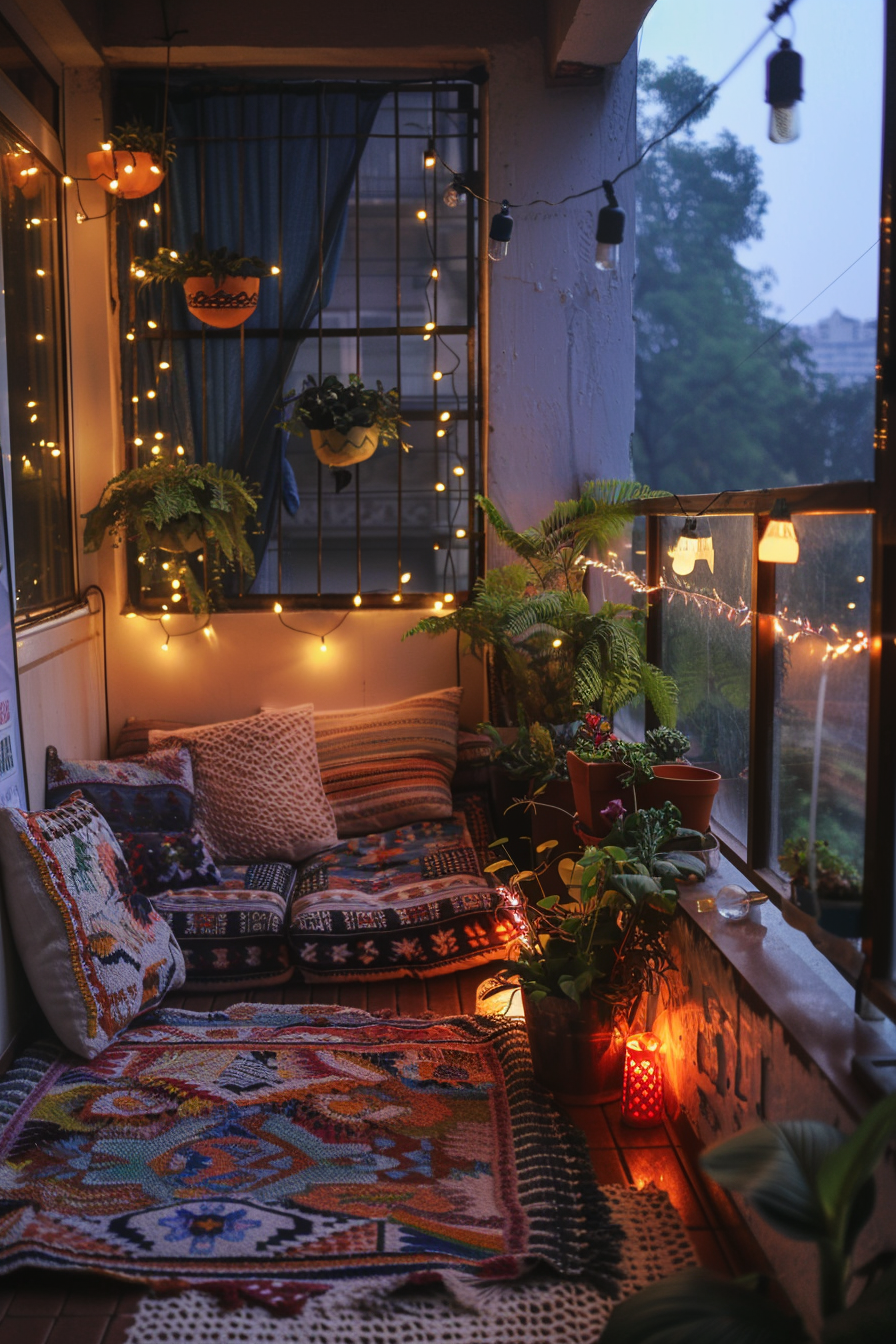 A cozy balcony at dusk with twinkling string lights, patterned cushions, and an array of potted plants.