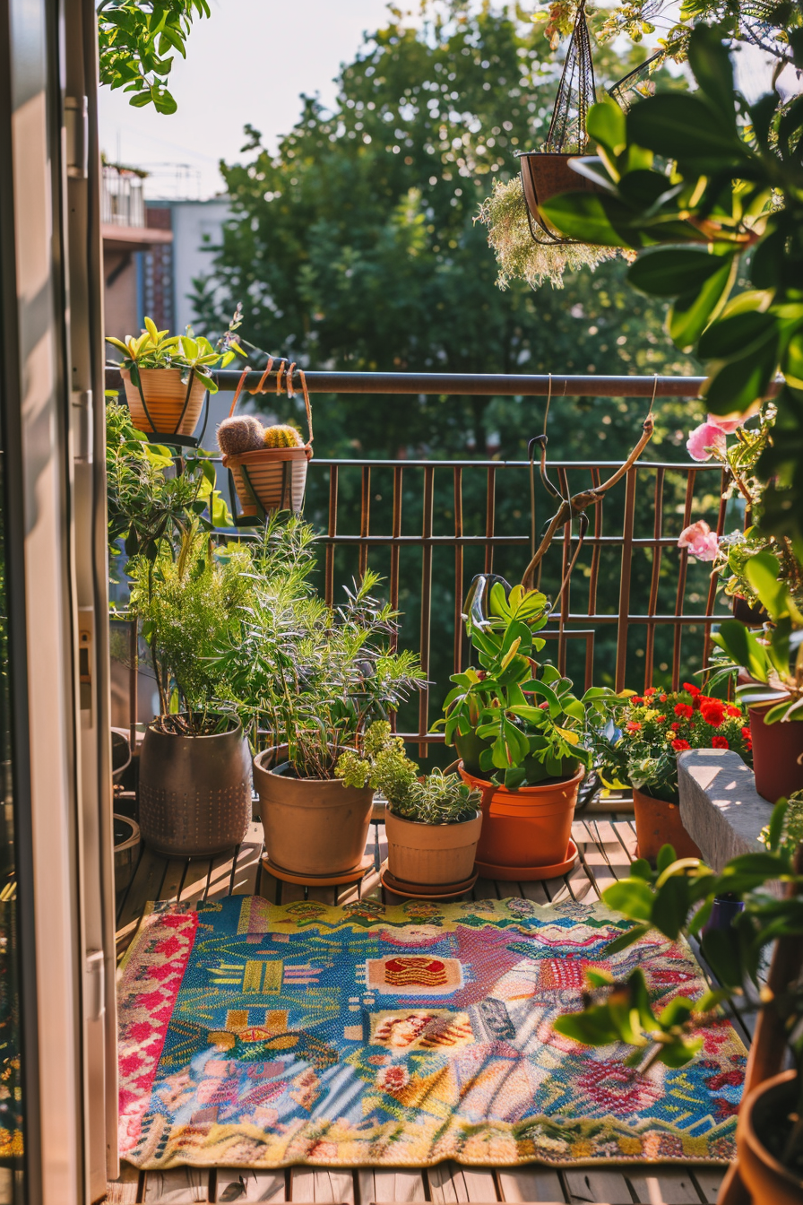 A cozy balcony filled with potted plants and greenery, colorful rug on the floor, in the warm glow of sunlight.