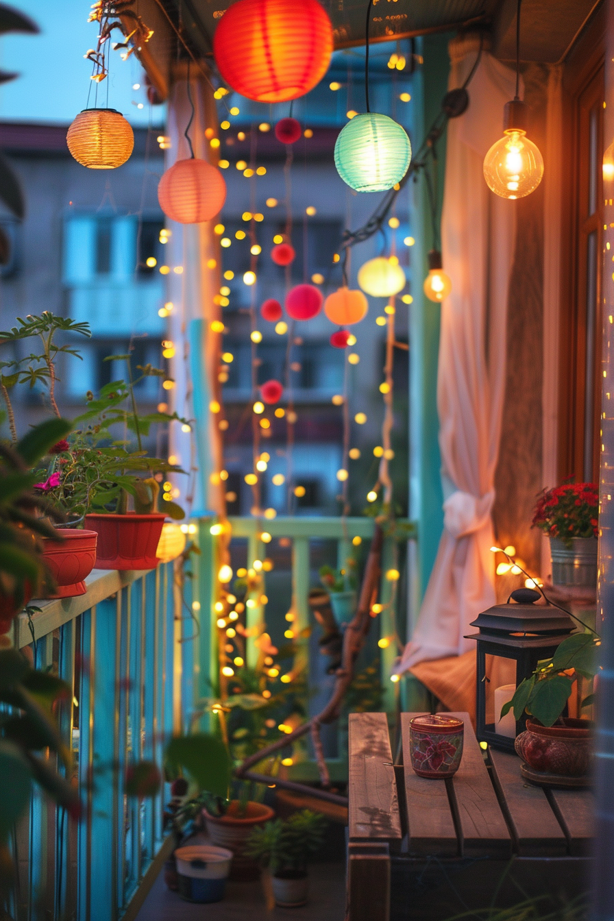 A cozy balcony adorned with colorful lanterns and twinkling string lights, surrounded by potted plants at dusk.