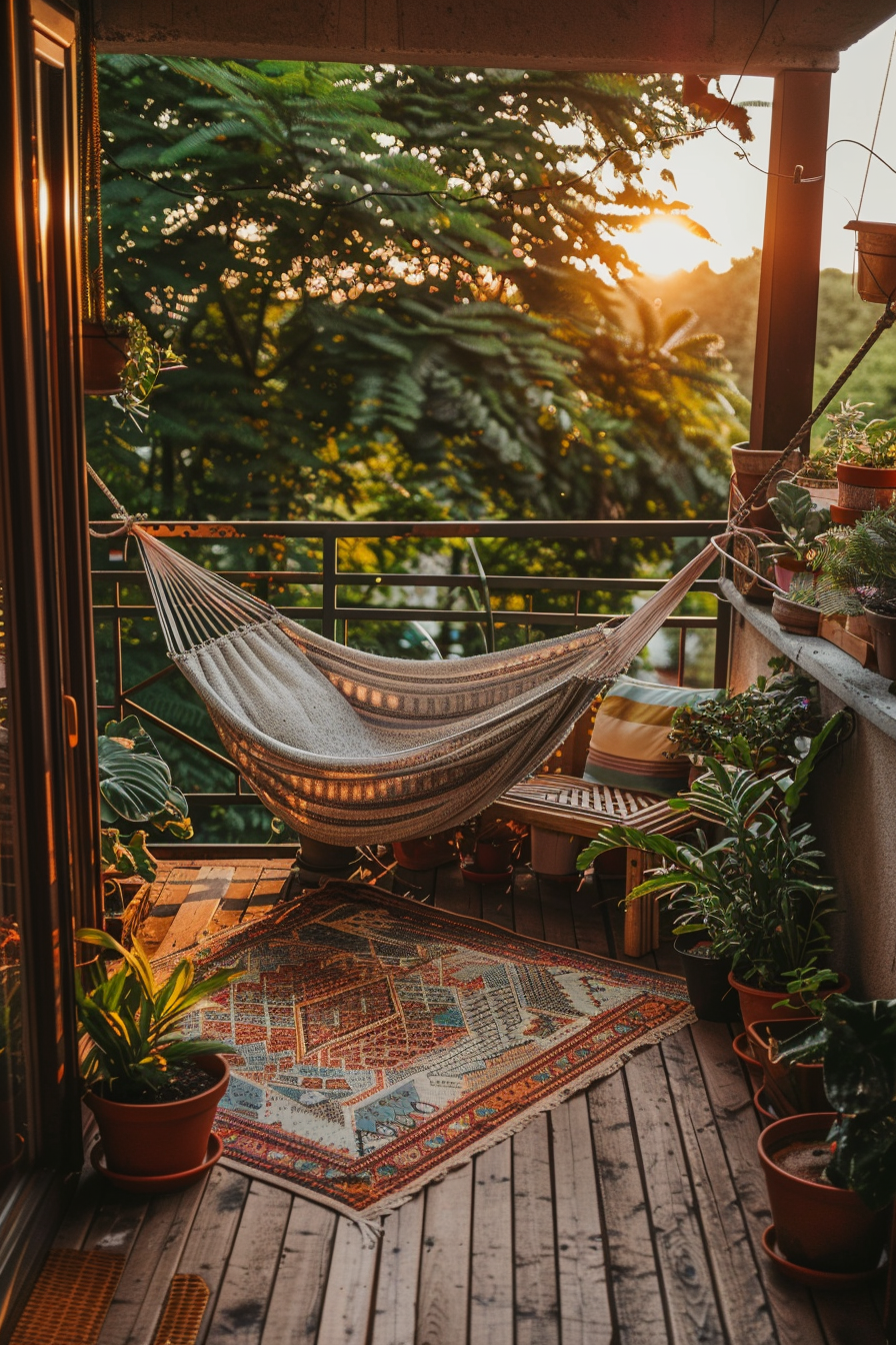 Cozy balcony with a hammock, plants, and a rug, overlooking a lush green view at sunset.