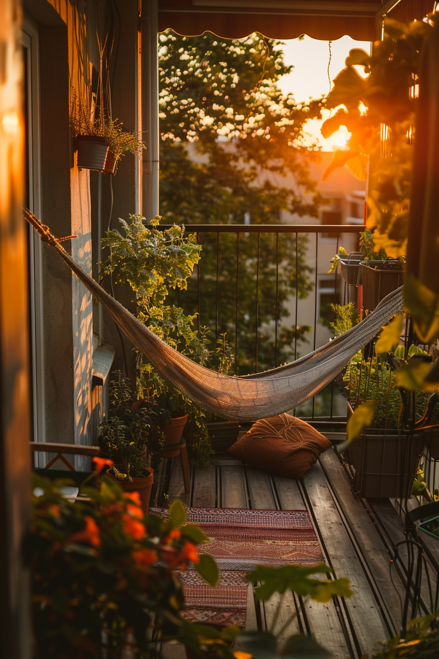A cozy balcony at sunset with plants, a hammock, cushions, and a rug, inviting relaxation in the warm golden light.