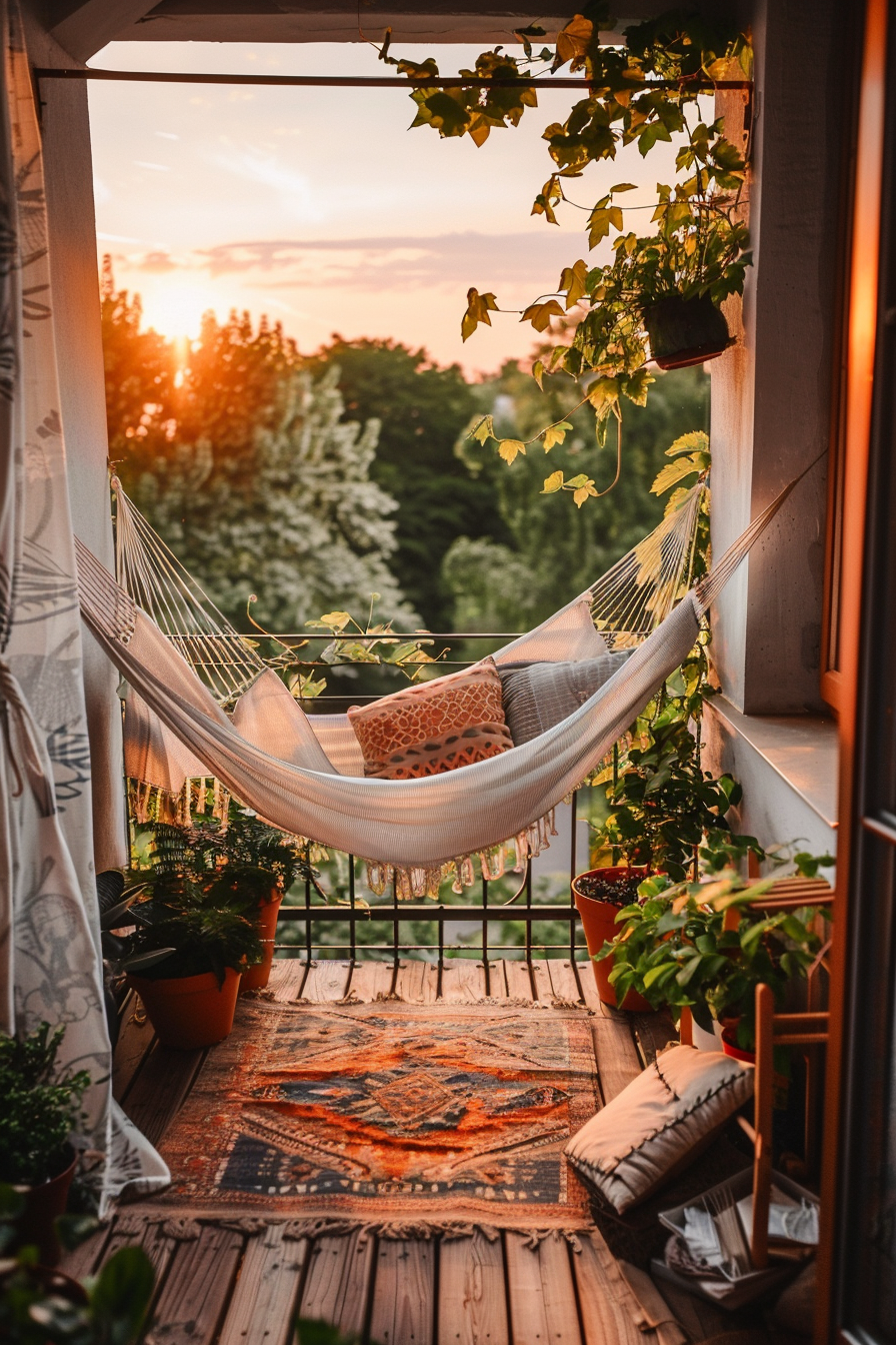 A cozy balcony with a hammock, plants, and a sunset in the background.