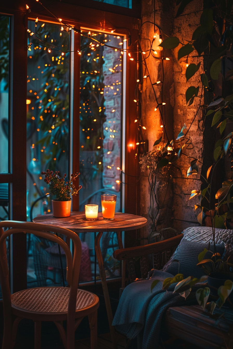 Cozy balcony at twilight with warm string lights, a wooden table with a potted plant and candles, and comfortable seating among greenery.