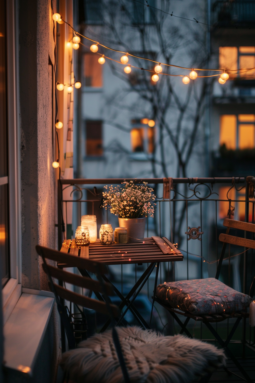 Cozy balcony with string lights, a small table, candles, a flowering plant, and a cushioned chair during twilight.