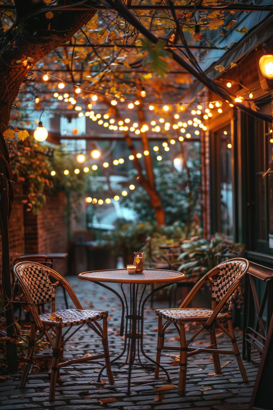 A cozy outdoor cafe setting with string lights, two chairs, and a table, surrounded by autumn leaves and branches.