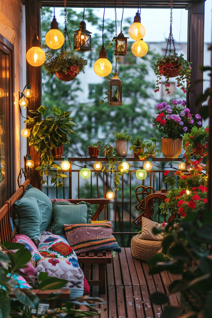 A cozy balcony adorned with warm string lights, hanging plants, and colorful cushions on a wooden bench, exuding a serene evening ambiance.