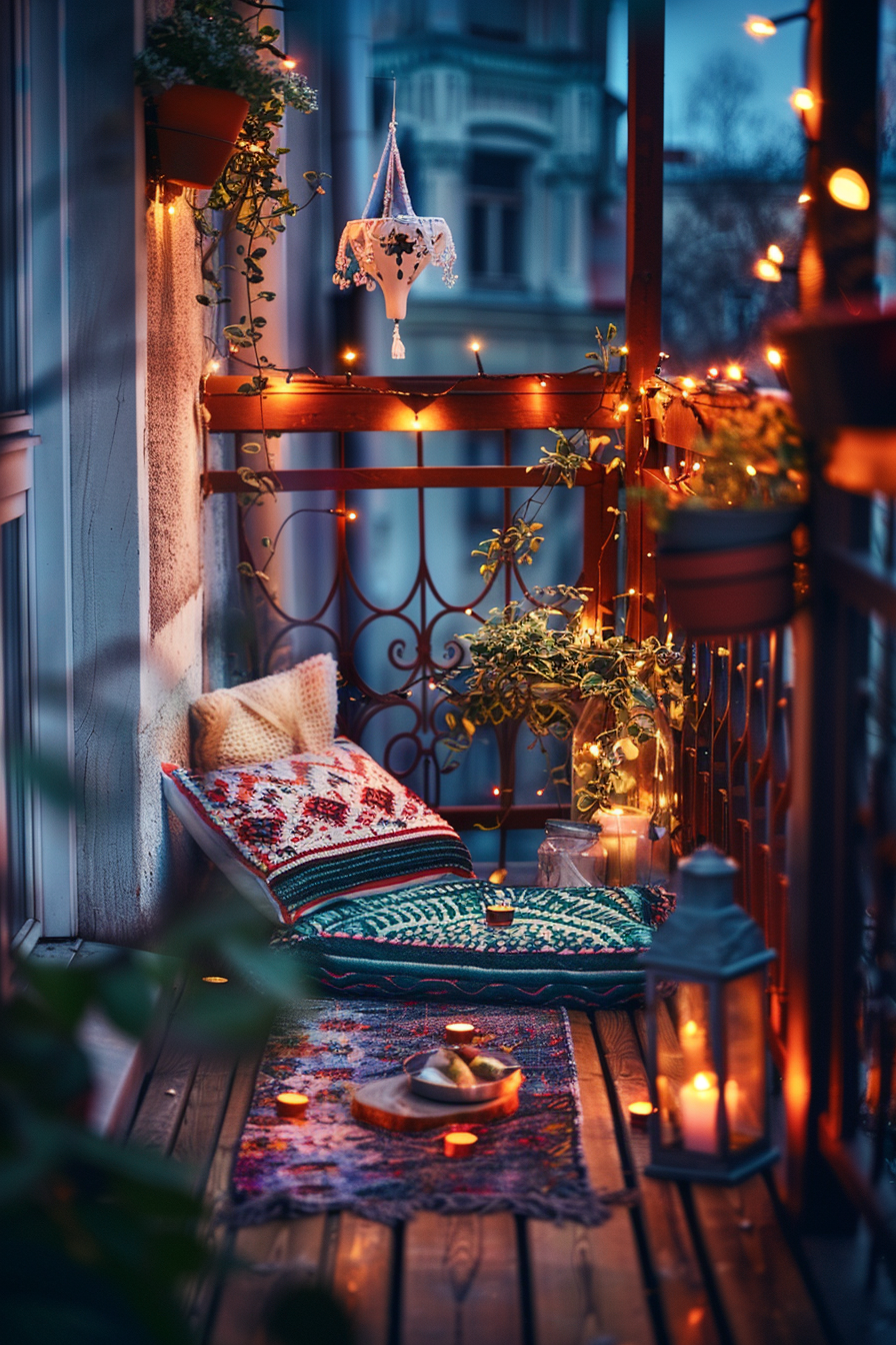 Cozy balcony with twinkling string lights, cushions, a knit throw, plants, and candles, creating an intimate evening ambiance.