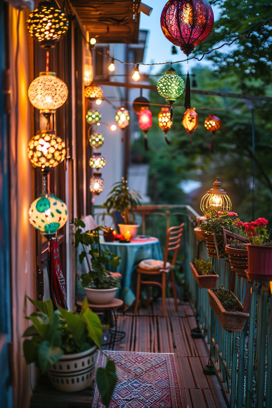 A cozy balcony decorated with colorful hanging lanterns and string lights, wooden furniture, plants, and a patterned rug in the evening.