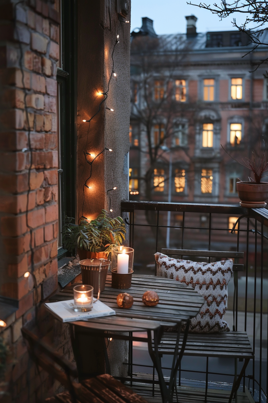 Cozy balcony with twinkling string lights, candles, and a cushioned chair overlooking city buildings at dusk.