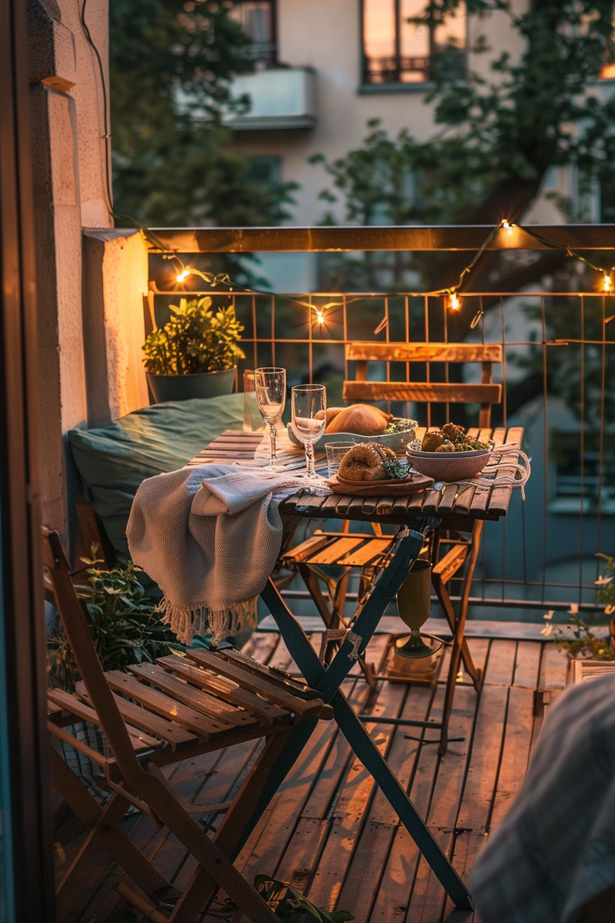 Cozy balcony setting with string lights, a wooden table set for two, wine glasses, and plants during twilight.