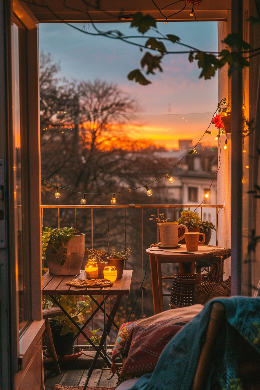 Cozy balcony scene at sunset with string lights, plants, a wooden table with mugs, and a comfortable chair with a throw blanket.