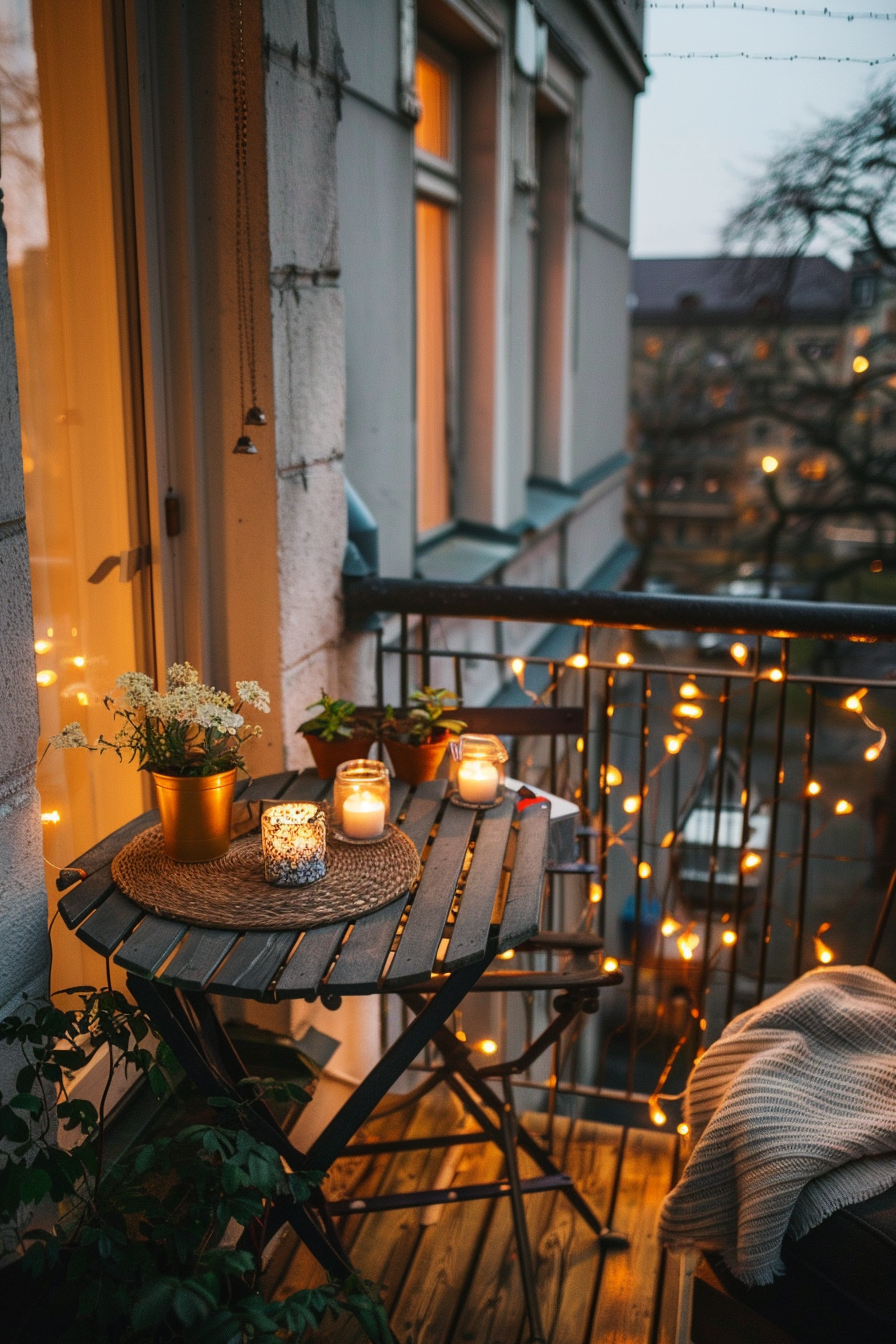 Cozy balcony with string lights, lit candles on a table, and a blanket on a chair, evoking a warm evening atmosphere.