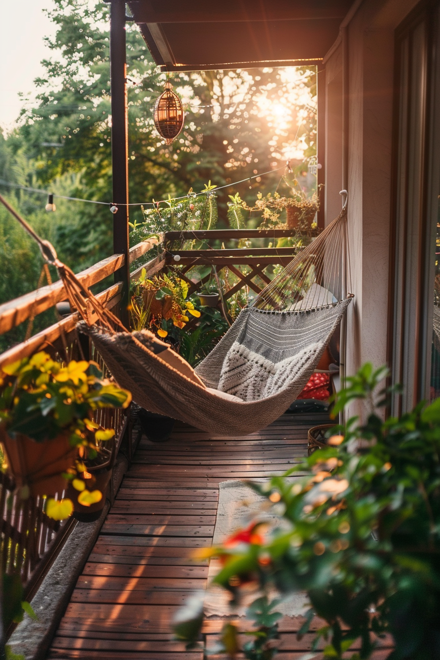 Cozy balcony with a hammock, plants, and string lights at sunset.