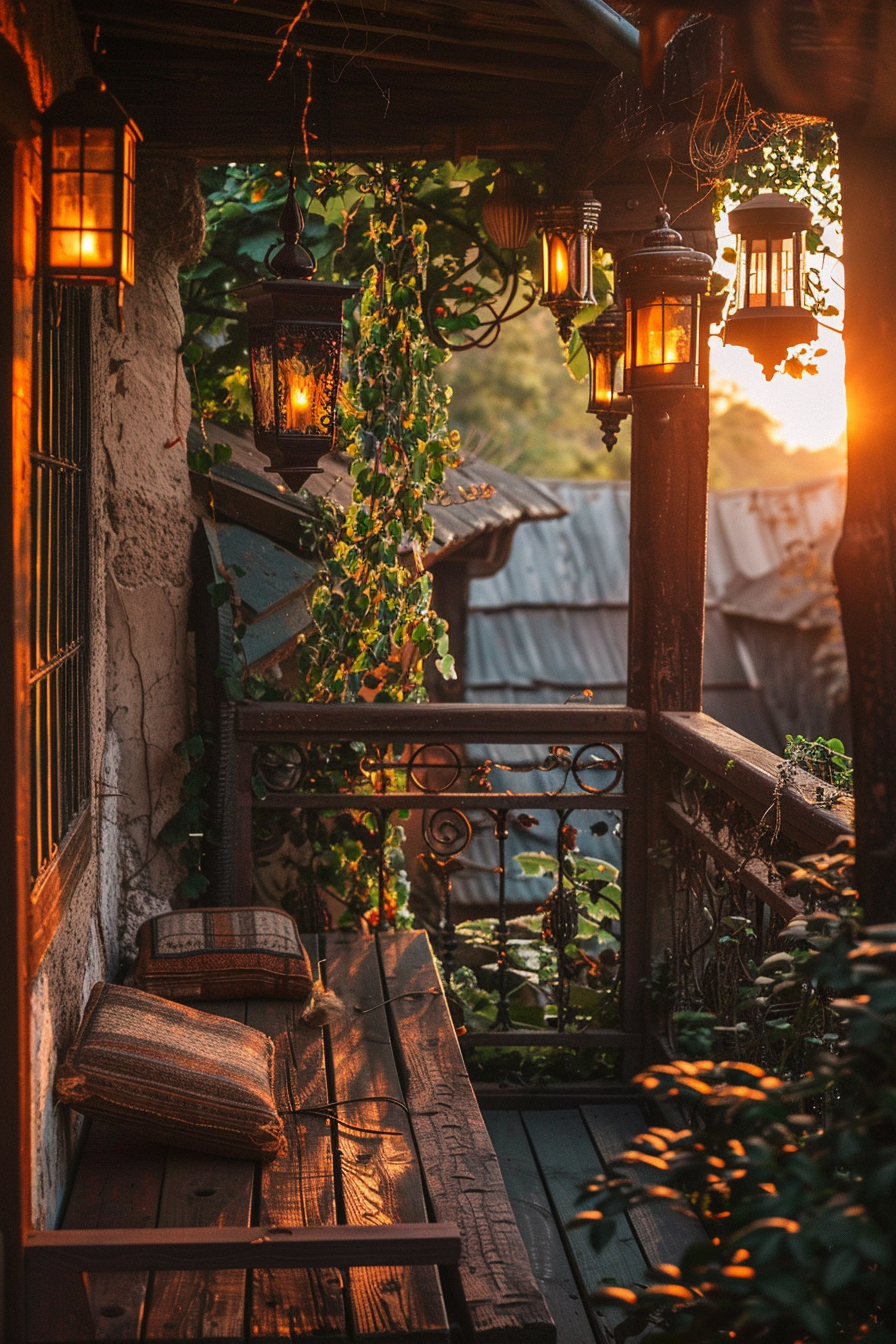 Cozy balcony adorned with vintage lanterns and greenery, basking in the warm glow of a sunset.