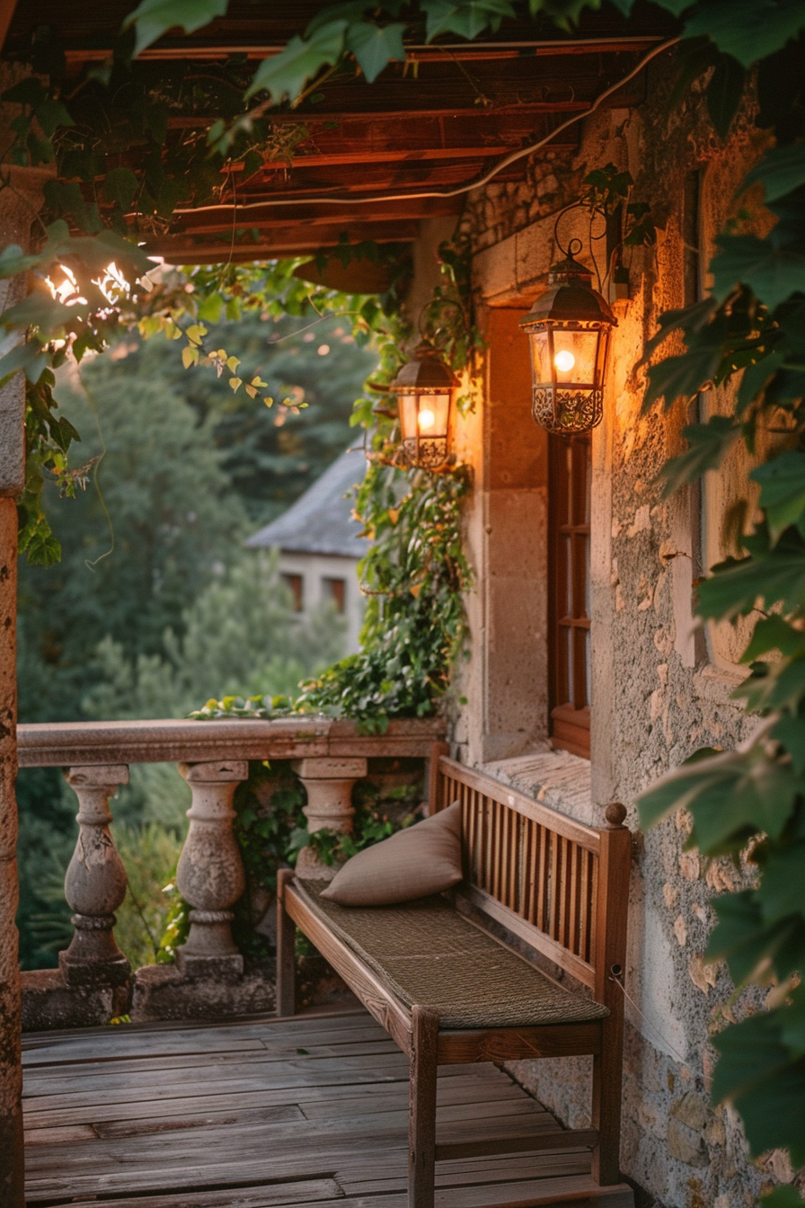 Cozy balcony with a wooden bench, lit lanterns, and greenery, overlooking a scenic view at dusk.
