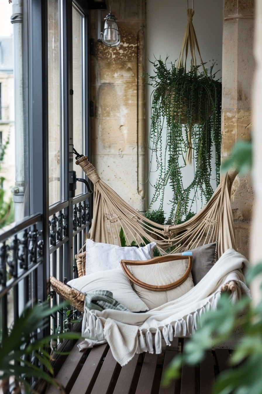 Cozy balcony with a hammock, cushions, hanging plants, and a vintage lamp, overlooking classical architecture.