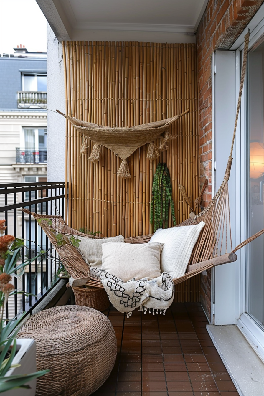 ALT: A cozy balcony with a bamboo wall, hammock, cushions, and a round wicker stool, exuding a tranquil, inviting vibe.