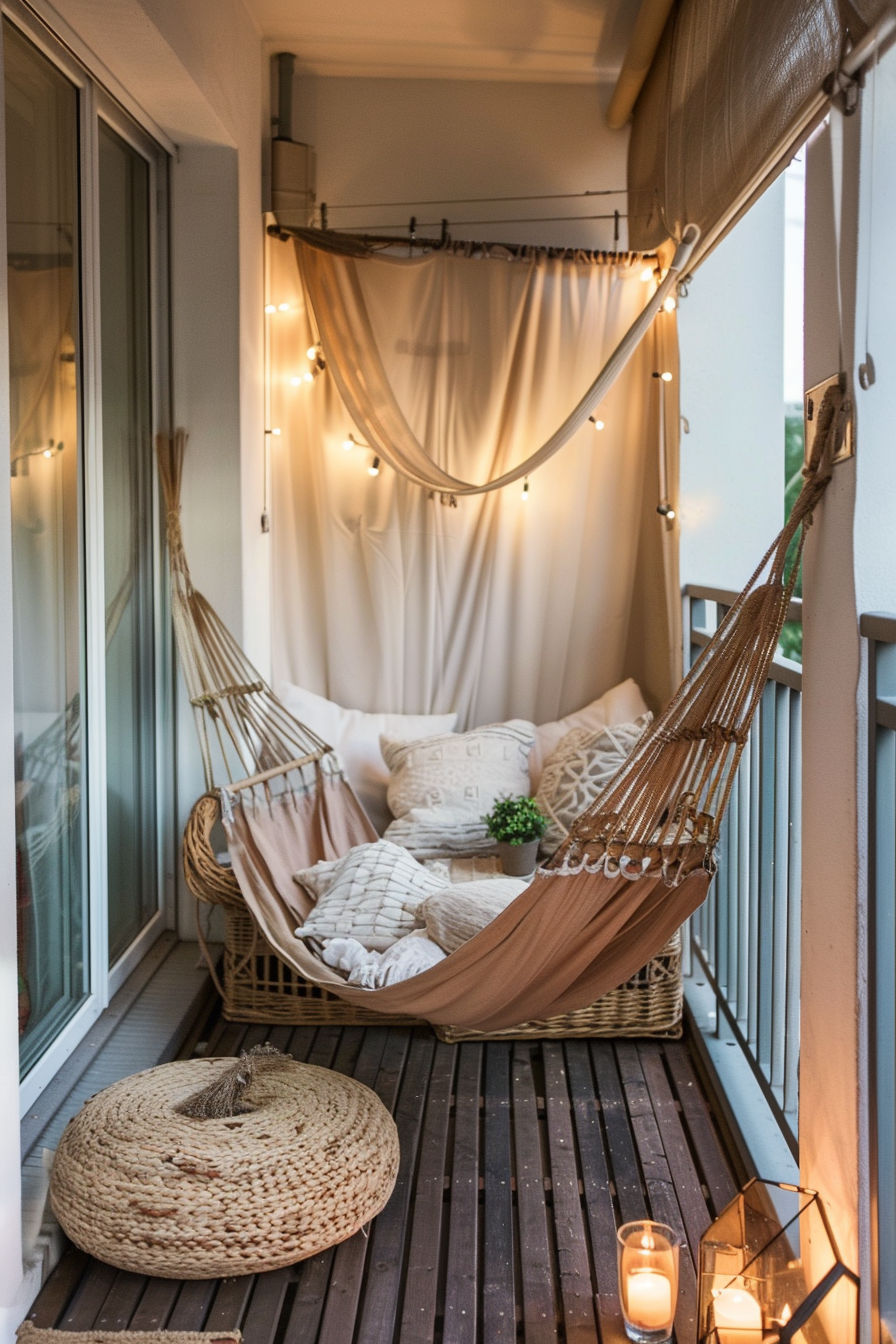 A cozy balcony with a hammock, string lights, cushions, a wicker pouf, and candles, creating an inviting outdoor space.