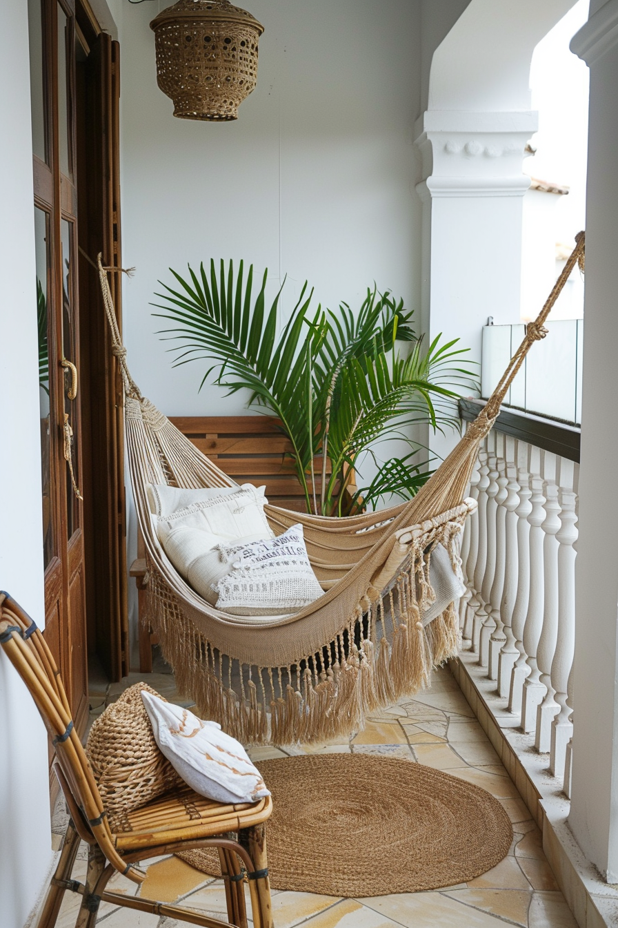 A cozy balcony with a woven hammock, decorative pillows, a rattan chair, round rug, plants, and a hanging lamp.