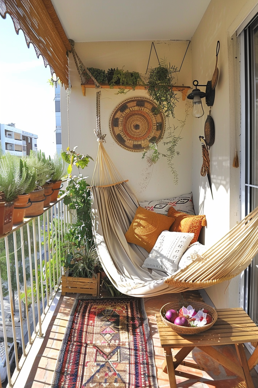 A cozy balcony with a hammock, cushions, plant pots on the railing, a wall hanging, and a carpet, bathed in sunlight.