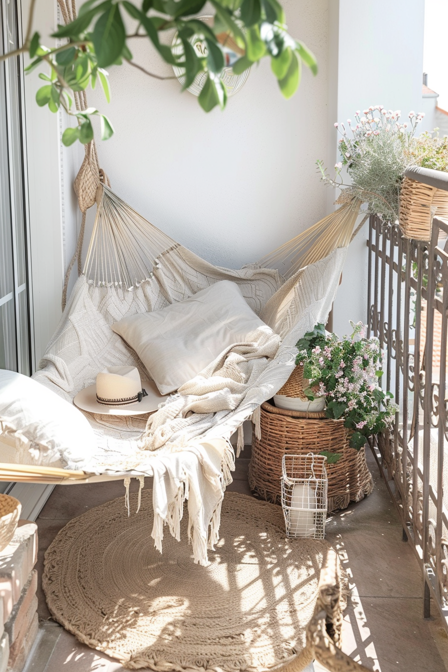 A cozy balcony with a hammock, cushions, blankets, round rug, and potted plants bathed in sunlight.