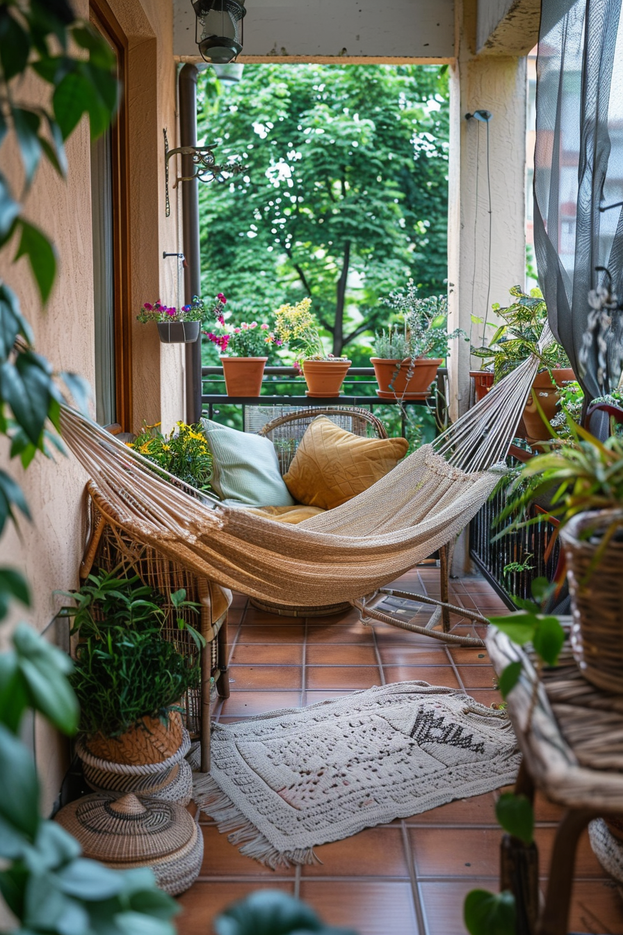 A cozy balcony with a hammock surrounded by potted plants and greenery, giving a tranquil vibe to the outdoor space.