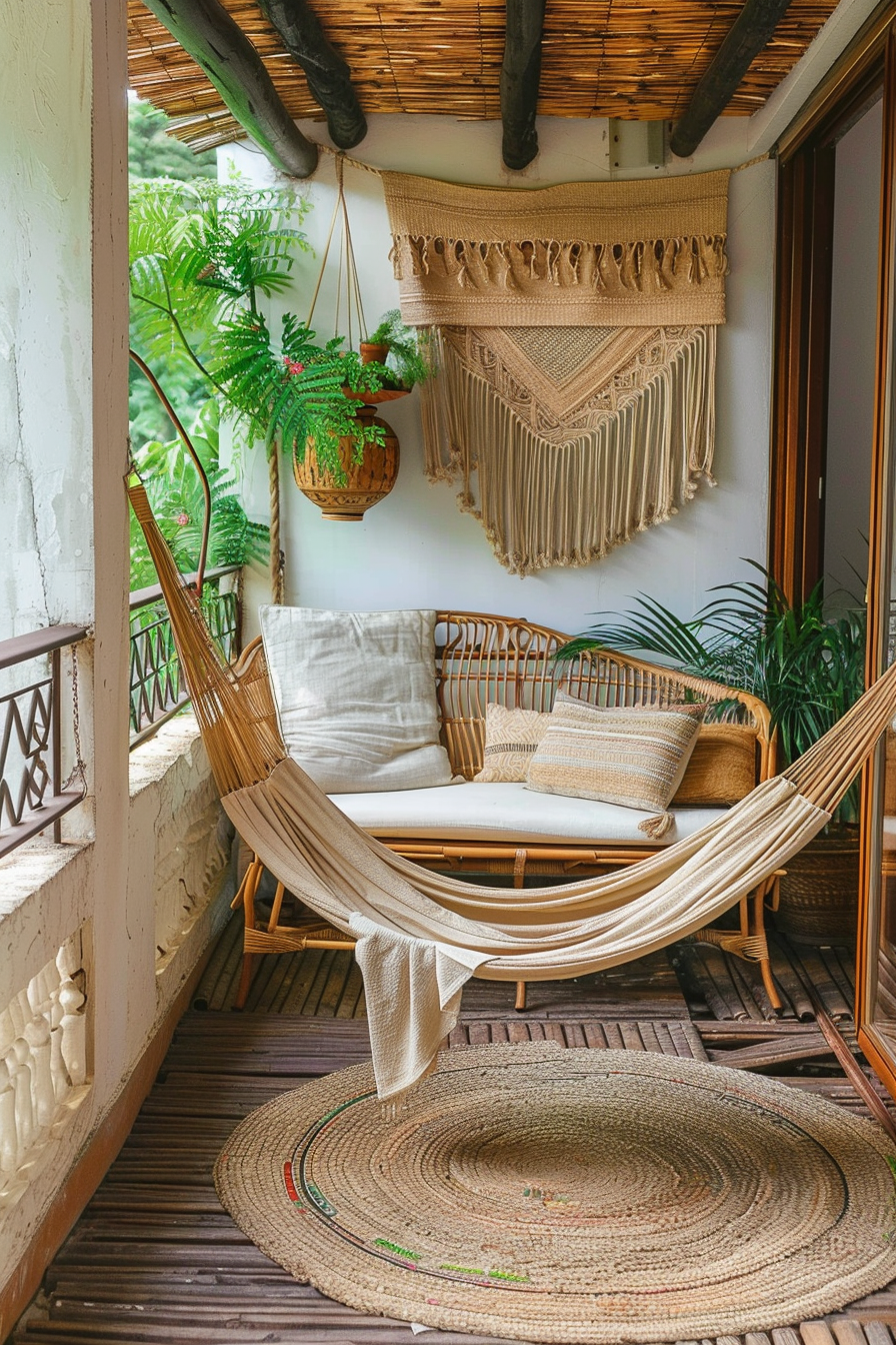 Cozy balcony with a hammock, cushioned bench, woven rug, hanging plants, and a macramé wall piece.